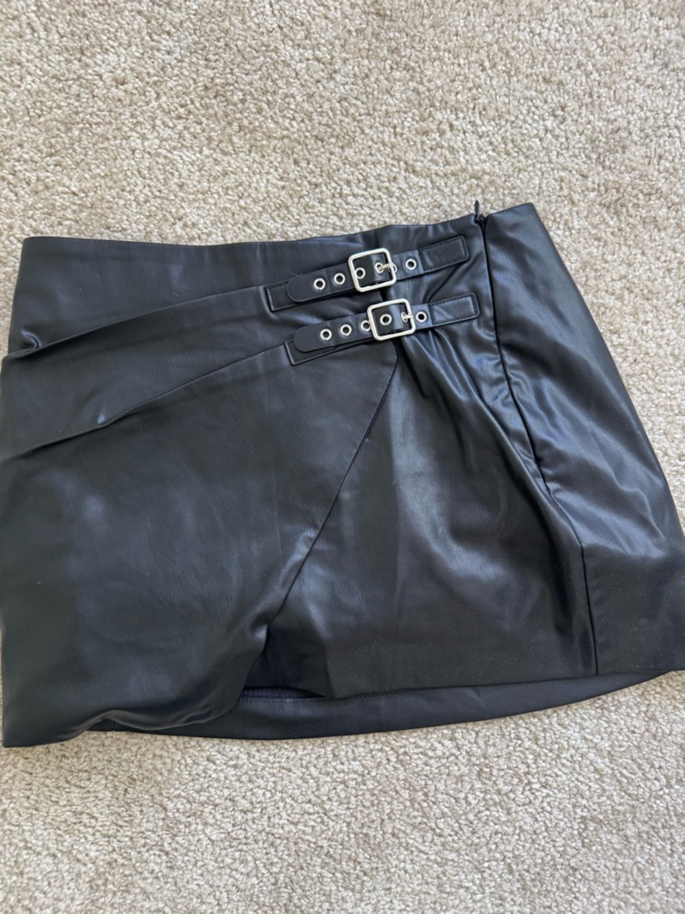 Zara Black Faux Leather Mini Skort with Buckle Detail